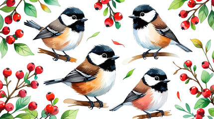 Cute bird sitting on the baranches seamless pattern in watercolor style