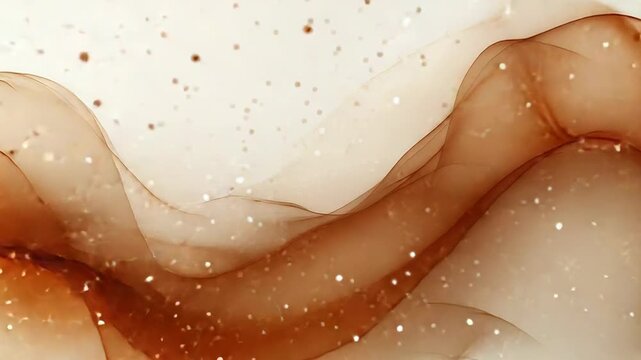 Flowing brown and beige alcohol ink waves with golden sparkles, creating an elegant, ethereal fluid art pattern that feels like shimmering smoke or liquid movement