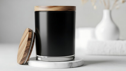 Black metal canister with wooden lid on marble platform with modern design and luxury decor and storage container and minimalist style - Ai Generated