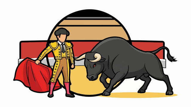 Matador in ornate attire faces a charging bull in a stylized arena with a curved backdrop
