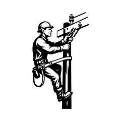 Electric Lineman Working on Utility Pole Black and White Illustration for Power Service, Electrical Repair and Industrial Safety Design