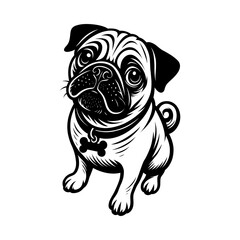 Cute Pug Dog Black and White Illustration Sitting with Big Eyes for Pet Lovers, Mascot Design, Stickers and Fun Animal Artwork
