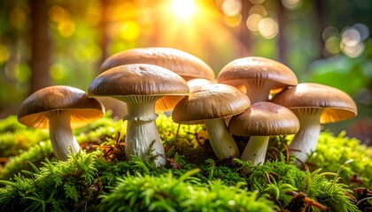 Cluster of mushrooms growing among lush green moss in a sunlit forest, captured from a low angle.