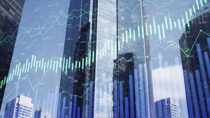 Modern skyscrapers with stock market graphs and charts overlay