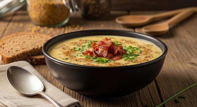 Dutch mustard soup with bacon and chives in black bowl on wooden table with bread and spoon