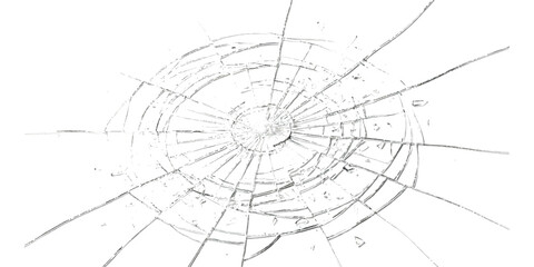 Shattered glass effect with radial cracks and concentric circular lines on a white background