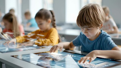 Children engaging with futuristic touchscreen technology in a modern classroom setting - Powered by Adobe