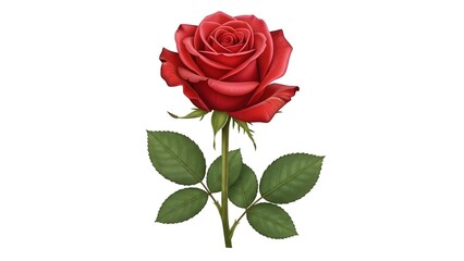 Fototapeta premium Beautiful red rose with green leaves on white background
