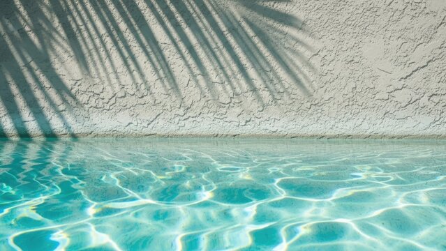 Serene pool water with palm shadows on textured wall