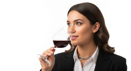 Young attractive female professional sommelier tasting wine, isolated on white background