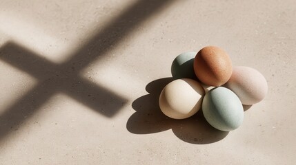 pastel painted eggs on light stone surface, soft beam of natural light forming subtle cross-shaped shadow