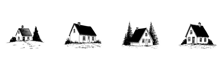 Fototapeta premium Charming Countryside Cottage Doodle Sketch Set. Rustic Rural Homes And Nature Elements In Hand Drawn Style Collection. Cozy And Idyllic Living. Hand Drawn Isolated Vector Illustration