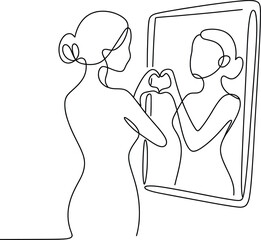 Continuous One Line Drawing of Woman Facing Mirror with Heart Gesture Self Acceptance Art