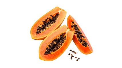 Fresh papaya cut into slices showing seeds and orange flesh isolated on transparent background cut out