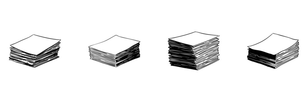 Stacks Of Paper Doodle Sketch Set. Document Organization And Office Workload Representation In Hand Drawn Style Collection. Business And Administrative Tasks. Hand Drawn Isolated Vector Illustration