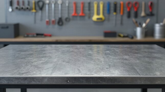 Tools and workspace at a workshop with a metal table in focus Generative AI