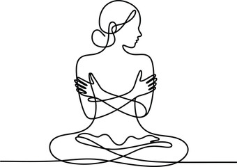 Minimalist Continuous One Line Drawing of Woman in Lotus Pose Self Comfort Wellness Art