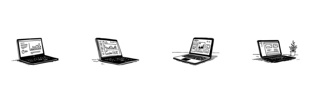 Laptops With Data Analytics Screens Doodle Sketch Set. Business Intelligence And Data Visualization In Hand Drawn Style Collection. Technology And Analysis Tools. Isolated Vector Illustration