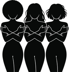 Solid Black Diverse Women Self Hugging Together Inclusion and Unity Silhouette