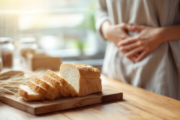 person standing behind table with sliced wheat bread on wooden cutting board, hands pressed to stomach in discomfort