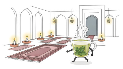 Obraz premium An animated teacup exploring a calming and spiritual space in detailed illustration.