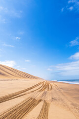 Car tracks along Southern Angola coast line at Iona National Park, part of Namib desert