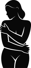 Solid Black Curvy Woman Hugging Herself Silhouette Self Love Vector