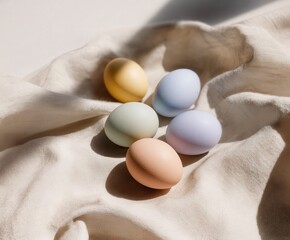 Pastel colored Easter eggs arranged on light linen fabric