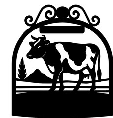 Farmhouse sign silhouette featuring a cow in a pasture with a mountain and tree. Blank space for custom lettering. Ideal for laser cutting and vinyl stickers.