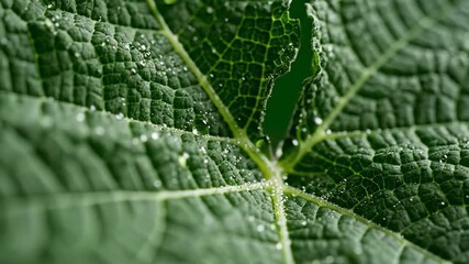 A captivating macro perspective of a vibrant green leaf intricately detailed with a network of veins and adorned with glistening water droplets reflecting the serene beauty and freshness of nature af.