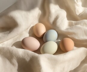 Pastel colored Easter eggs arranged on light linen fabric