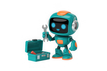 Cute robot fixing things with wrench and toolbox 3d render concept isolated on a transparent background