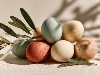 Pastel painted Easter eggs arranged with small olive branch on light neutral background