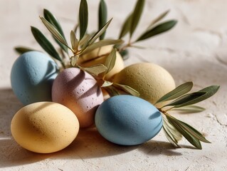 Pastel painted Easter eggs arranged with small olive branch on light neutral background