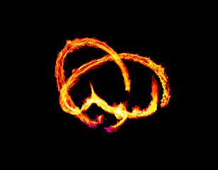 a long-exposure photograph of a fire performance, where a skilled performer spins flaming props like poi to create mesmerizing light trails and intricate patterns against the dark background