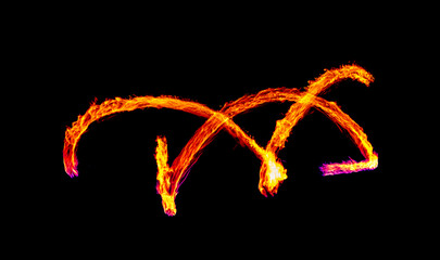 a long-exposure photograph of a fire performance, where a skilled performer spins flaming props...