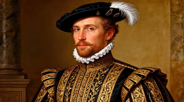Renaissance Gentleman in Ornate Black and Gold Doublet with Feathered Hat, Portraying Sophistication and Timeless Authority