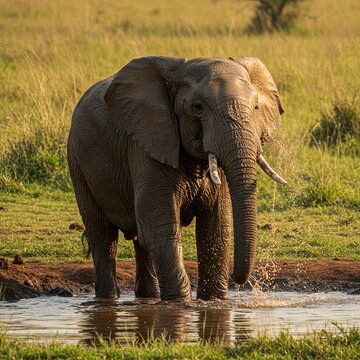 Elephant at a Watering Hole Sponge the water and mud and use swa