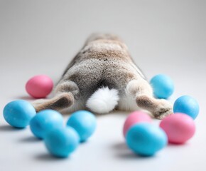 a rabbit lying fwith legs stretched backward and easter eggs