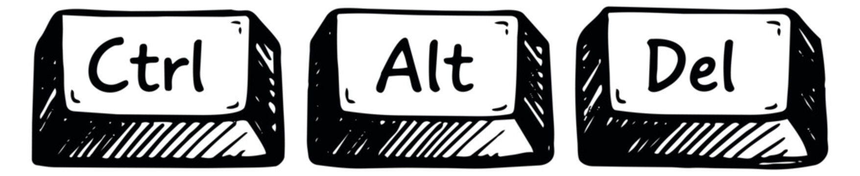 Hand drawn line art computer keys set featuring Ctrl, Alt, and Del buttons for technology concepts