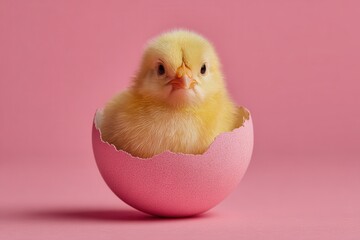 Small yellow chick hatching from a bright pink Easter egg