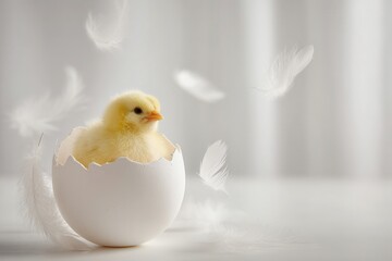 Small yellow chick hatching from a bright white Easter egg, delicate white feathers slowly falling from above