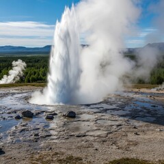 Geyser erupting with a few steam vents and a few scenic views