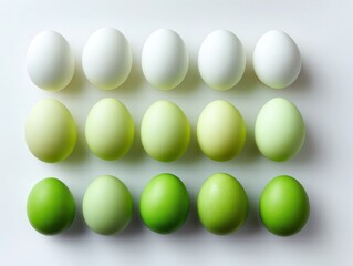 rows of Easter eggs in green gradient on clean white background