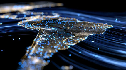 High-tech digital map of South America, glowing nodes representing financial hubs, flowing data streams and particle effects, abstract cyberspace background, concept of information