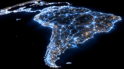 South America illustrated as a glowing digital network, flowing data streams and neon connection points, dark cyber background, modern business telecommunication and information ex