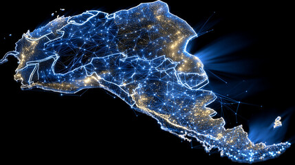 High-tech business network map of South America, glowing digital lines connecting regions, futuristic cyber interface style, abstract data flow representing communication and globa
