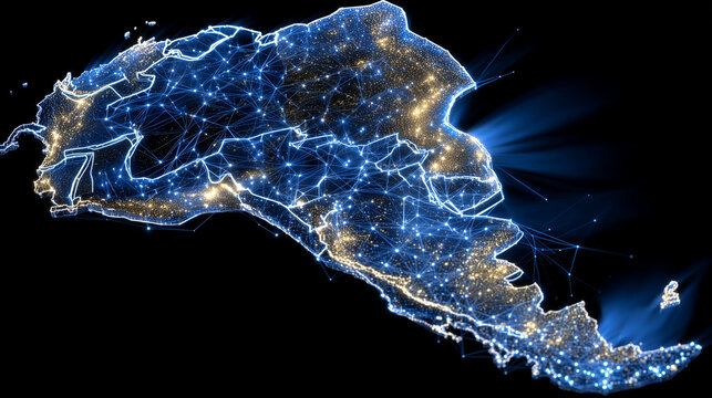 High-tech business network map of South America, glowing digital lines connecting regions, futuristic cyber interface style, abstract data flow representing communication and globa - Powered by Adobe