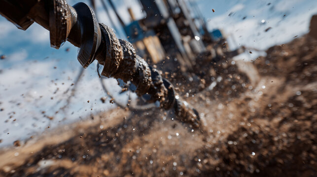 Cinematic industrial scene of artesian well construction, drilling rig actively displacing soil and water, close-up focus on rotating metal components, rugged textures and earthy t