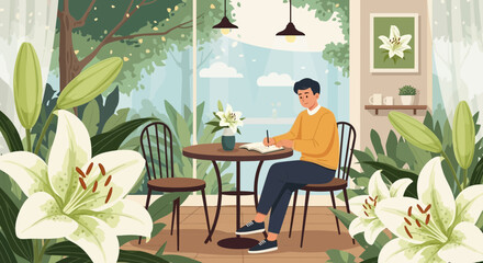 Young Asian man in a yellow sweater writing in a notebook at a table.